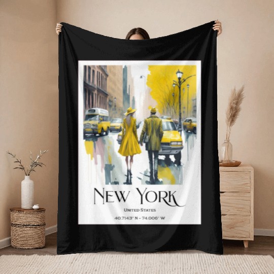 Watercolor painting loving couple in New York City Throw Blankets