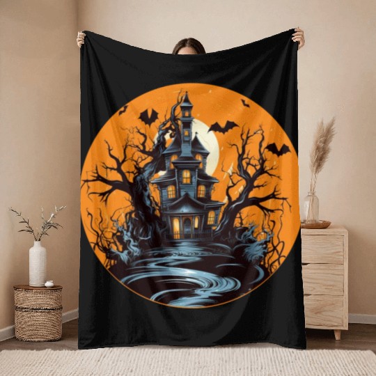 Halloween House Vintage Throw Blankets