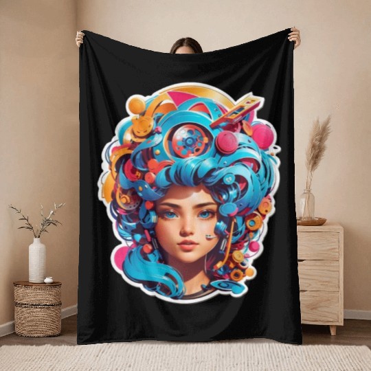 Psychedelic girl with multi color hair. futuristic Throw Blankets