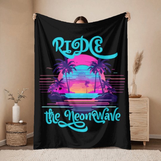 Neon Wave Dreams Ride the 80s Nostalgia Throw Blankets