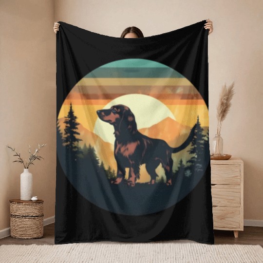 Sunset Serenity: Vintage Dachshund Silhouette Throw Blankets