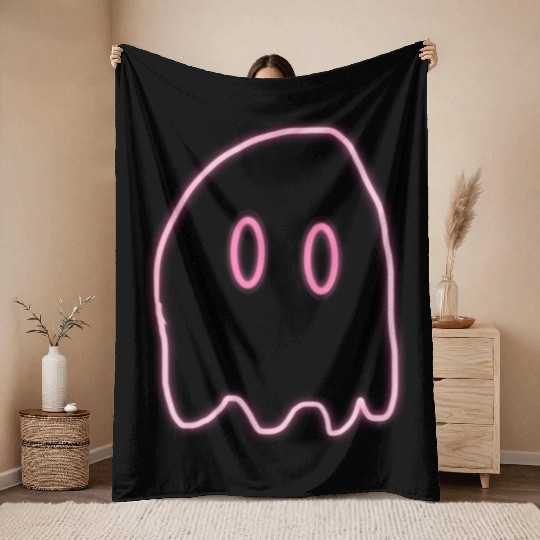 Pink neon ghost Throw Blankets
