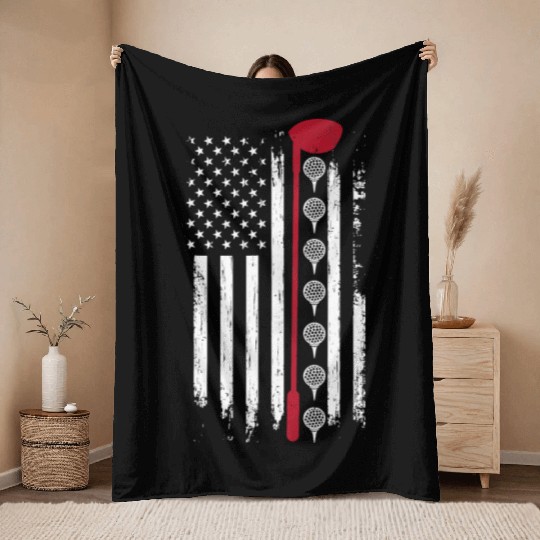 American Flag Golf Funny Golf Club Sports Playing Throw Blankets