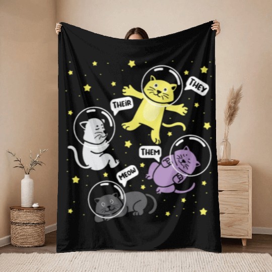 Cat They Them Their Meow Nonbinary Flag Throw Blankets