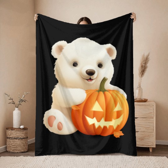 Halloween Polar Bear with Pumpkin Throw Blankets