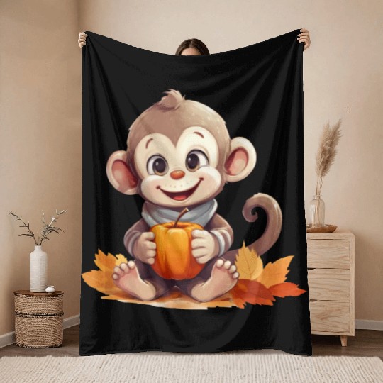 Autumnal Monkey with Pumpkin and Apple Throw Blankets