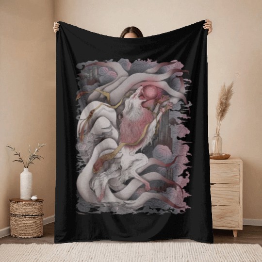 Kitsune Blood Moon Throw Blankets