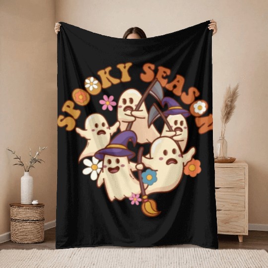 Halloween Spooky Season Boo Ghost Grim Reaper Throw Blankets