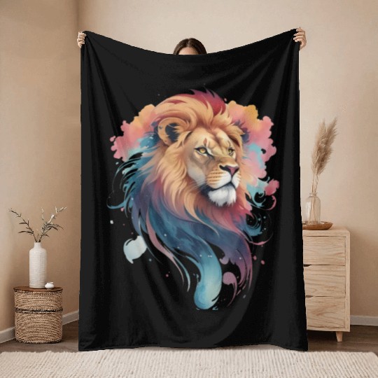 Pastel Majesty: Lion Head in Watercolor Throw Blankets