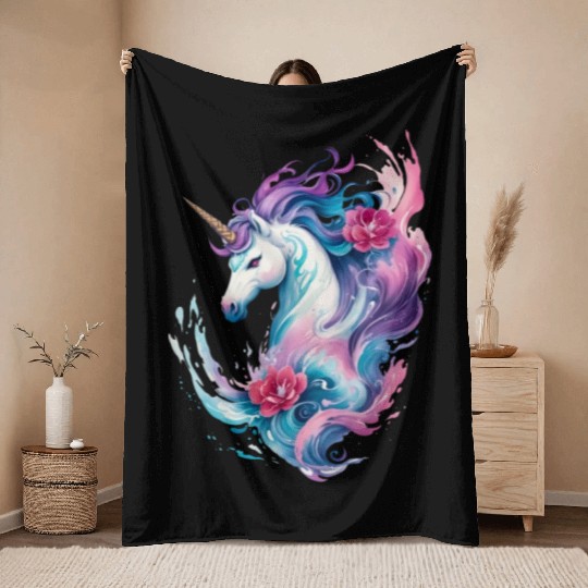 Floral Enchantment: Unicorn in Water Waves Splash Throw Blankets