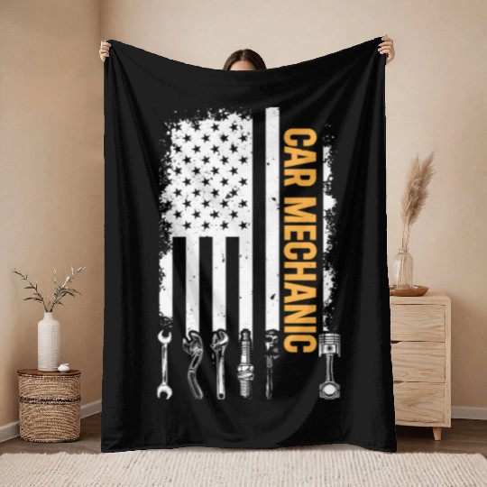 Car Mechanic US Flag Auto Mechanic Throw Blankets