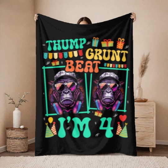 Thump Grunt Beat I'm 4 Gorilla Lover Kid 4th Throw Blankets