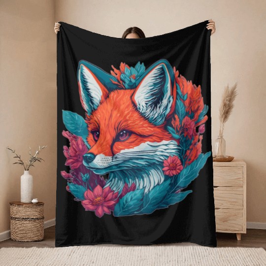 Fox Cub with Flowers Throw Blankets