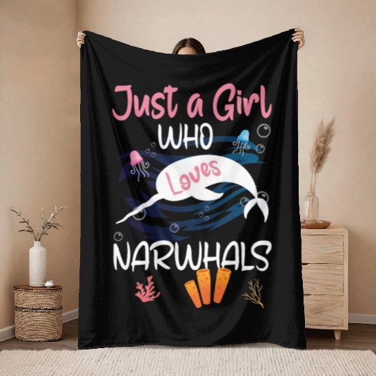 Narwhal Just a Girl Who Loves Narwhals Throw Blankets