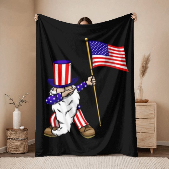 4th of July Gnome Dab Throw Blankets
