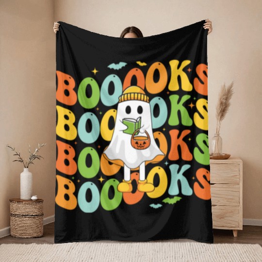 Booooks Cute Ghost Reading A Book Funny Book Lover Throw Blankets