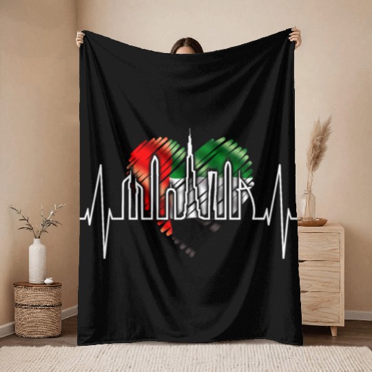 Dubai Skyline Heartbeat Burj Khalifa Love UAE Flag Throw Blankets