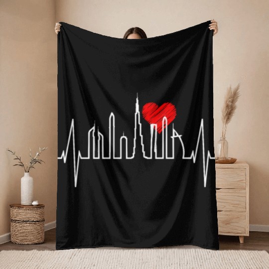 Dubai Skyline Heartbeat Burj Khalifa Silhouette Throw Blankets