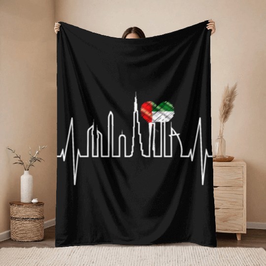 Dubai Skyline Heartbeat Burj Khalifa Love UAE Flag Throw Blankets