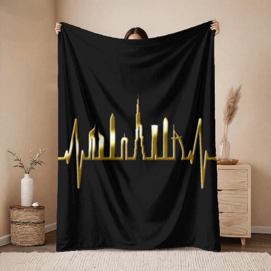 Dubai Skyline Heartbeat Burj Khalifa Silhouette Throw Blankets