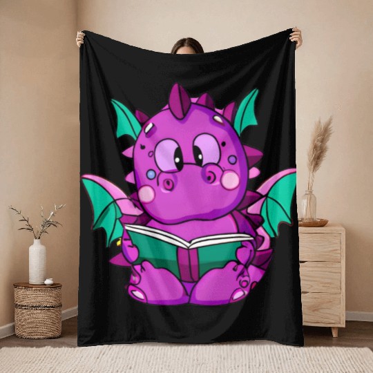 Purple Dragon Reading A Book - Derpy and Cute Throw Blankets