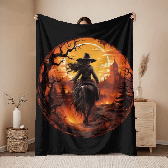 Witchy Cowgirl Riding off into the Full Moon Throw Blankets