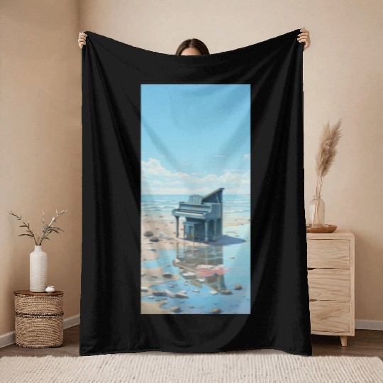 Beach and piano Throw Blankets