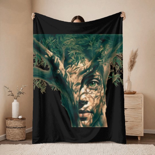 Olive tree and face Throw Blankets