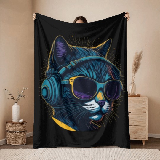 Cool Sunglasses Headphone Galaxy Cat Throw Blankets
