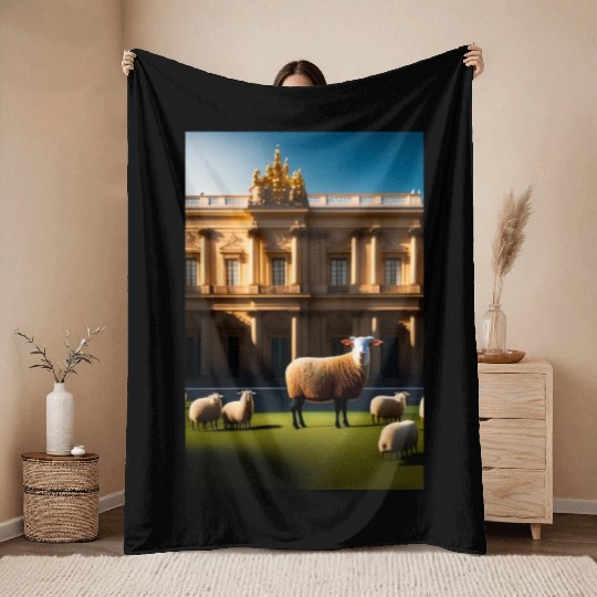sheep in baroque armor in front of palace made of Throw Blankets