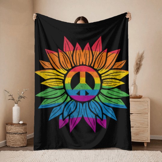 Rainbow Sunflower Love Is Love LGBT Gay Lesbian Throw Blankets