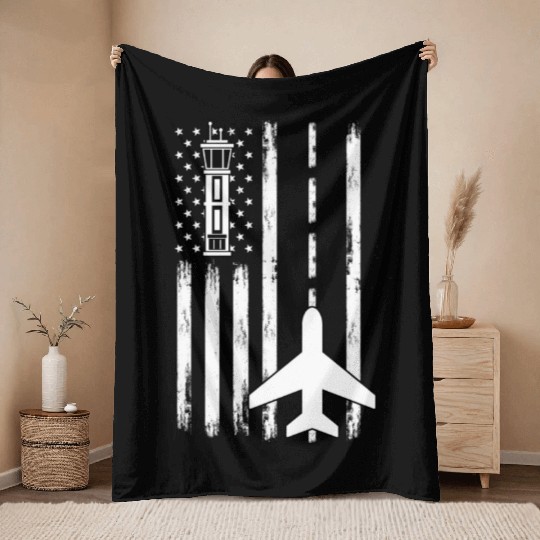 Air Traffic Controller Patriotic Airplane Aviation Throw Blankets
