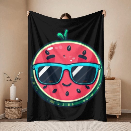 Kawaii Melon with Sunglasses: Summer Fruit Chill Throw Blankets