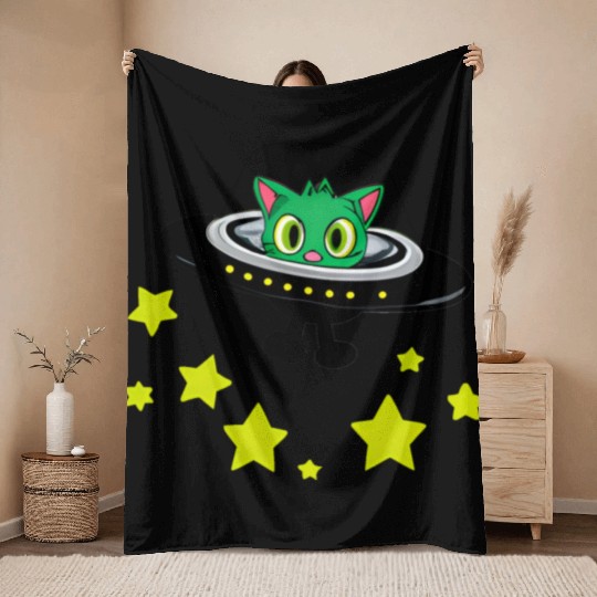 Cat Alien In UFO With Stars Throw Blankets
