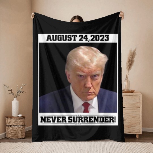 Donald Trump Mug Shot - Never Surrender Throw Blankets