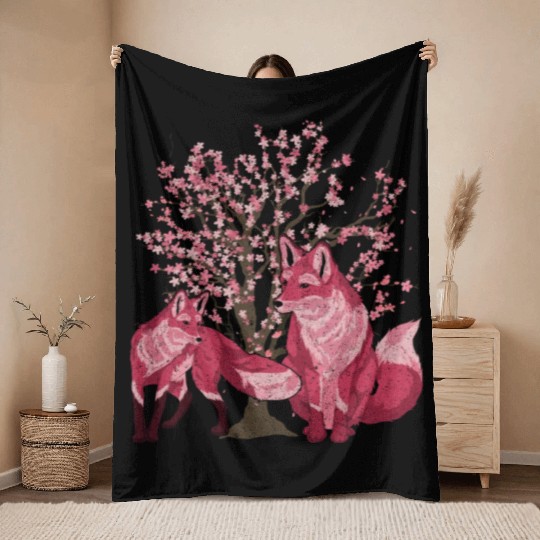 Cherry blossom tree forest animal gift sakura fox Throw Blankets