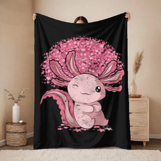Cherry Blossom Tree Amphibian Gift Sakura Axolotl Throw Blankets