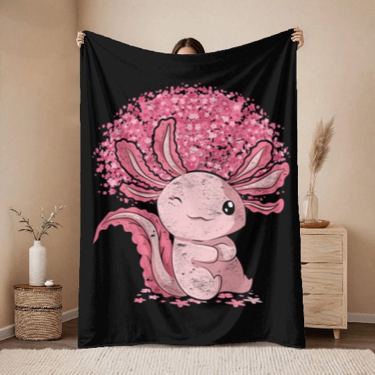 Cherry Blossom Tree Amphibian Gift Sakura Axolotl Throw Blankets