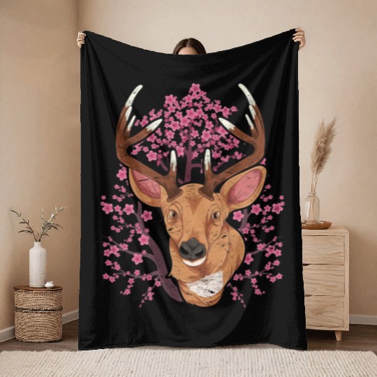 Cherry blossom forest animal gift Sakura deer Throw Blankets