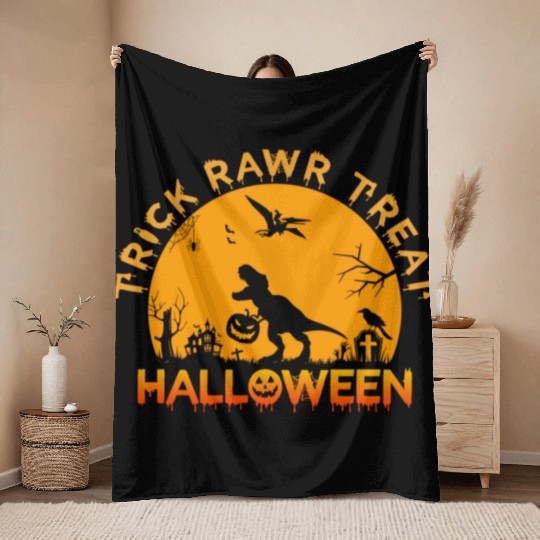 Trick Rawr Treat Dinosaur Stealing Pumpkin Throw Blankets