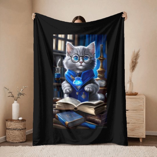 The Raven-claw Kitten Scholar: A Feline Journey. Throw Blankets