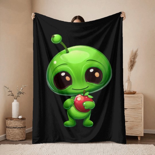 Green Alien Apple: Unexpected Fusion Throw Blankets