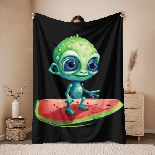 Green Alien Meets Watermelon: Exotic Encounter Throw Blankets