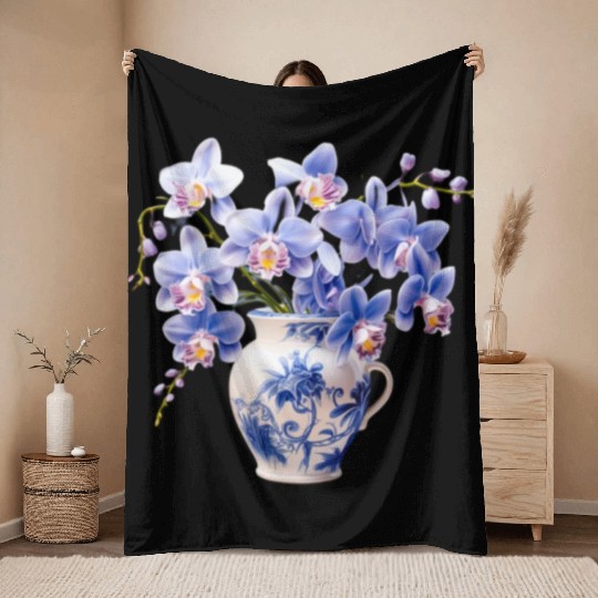 Blue Orchids in a Vase Graphic Throw Blankets