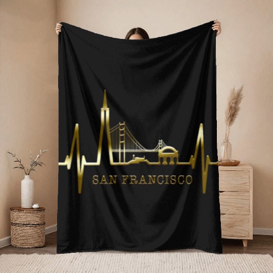 San Francisco Skyline Heartbeat California Lover Throw Blankets