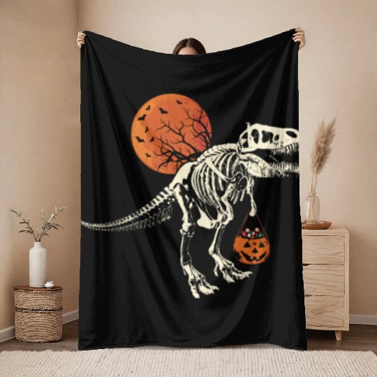 Dinosaur Skeleton Pumpkin Lazy Creepy Halloween Throw Blankets