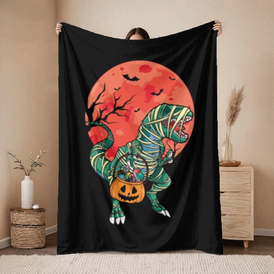 Dinosaur Raptor Pumpkin Lazy Creepy Halloween Throw Blankets
