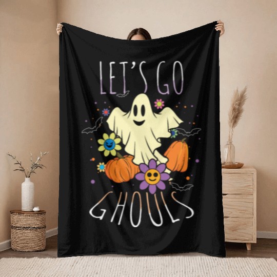 Retro Vintage Go Ghost Hippie Creepy Halloween Throw Blankets