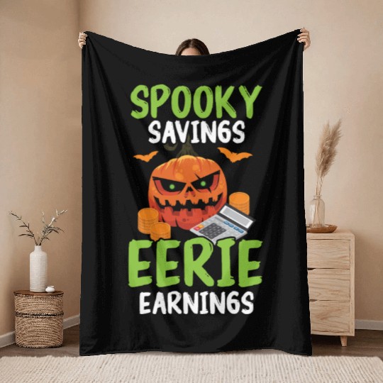 Spooky Savings Eerie Earnings Accountant Halloween Throw Blankets