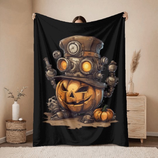 Steampunk Halloween: The pumpkin of the future Throw Blankets